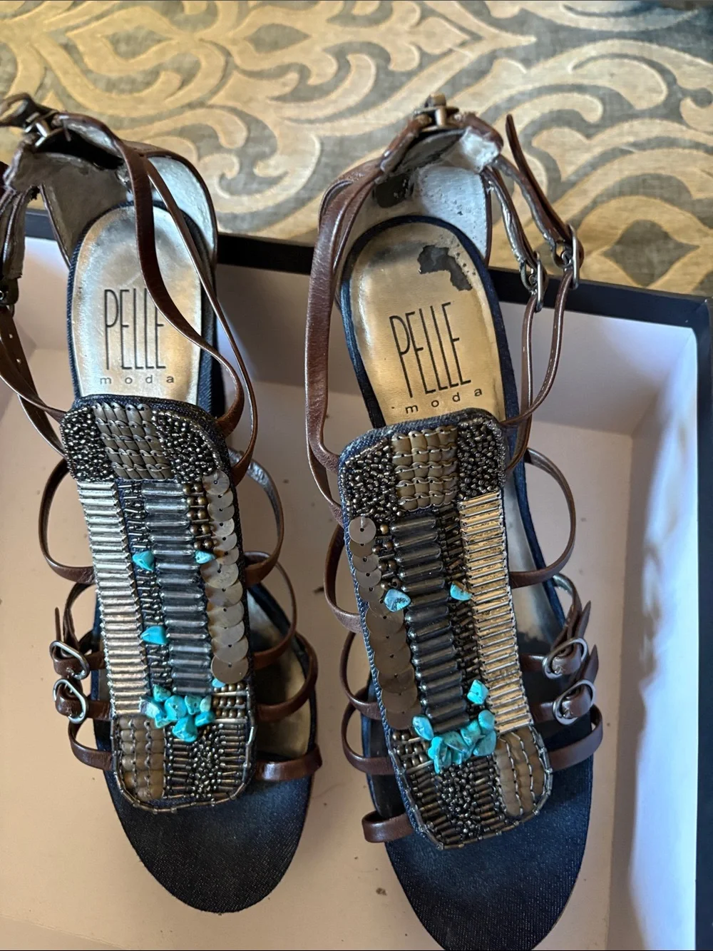 Pelle Moda Navy and Brown Beaded Platform Wedge Sandals